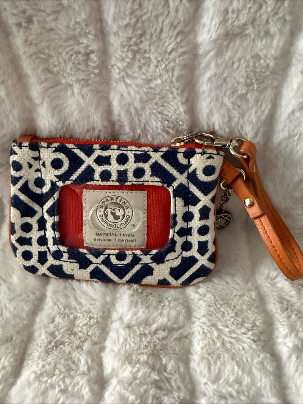 Spartina 449 Navy & White Geometric Linen Wristlet with Orange Trim